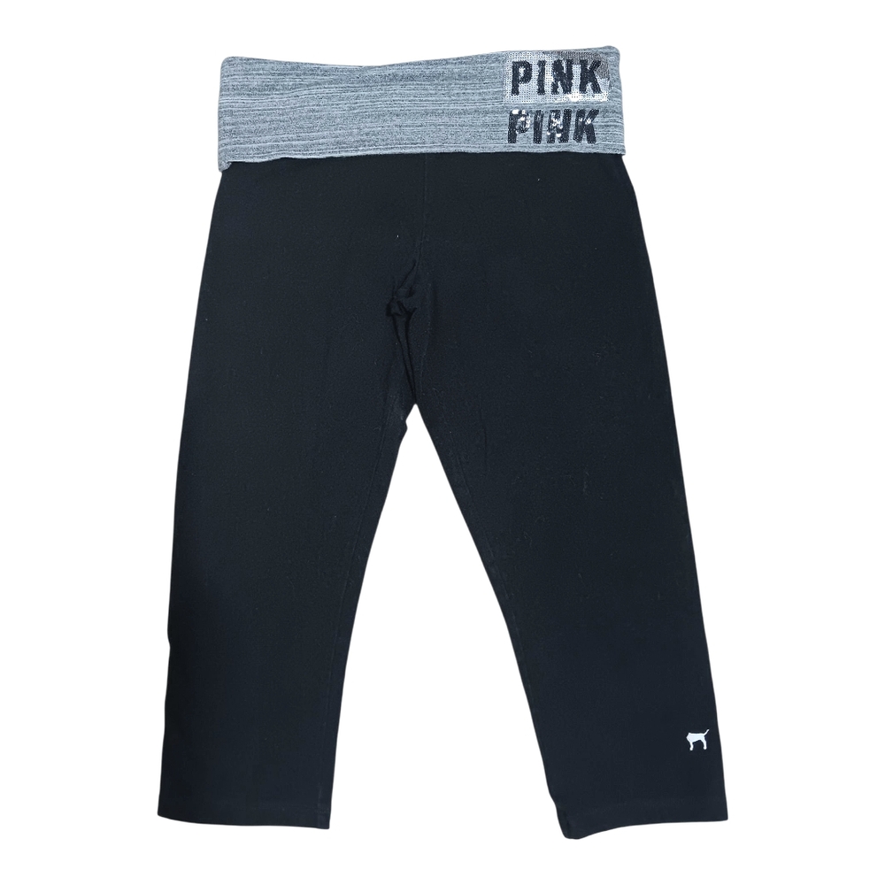 BLING**PINK Victoria's Secret Black Capris with Gray Foldover Waistband Y2k